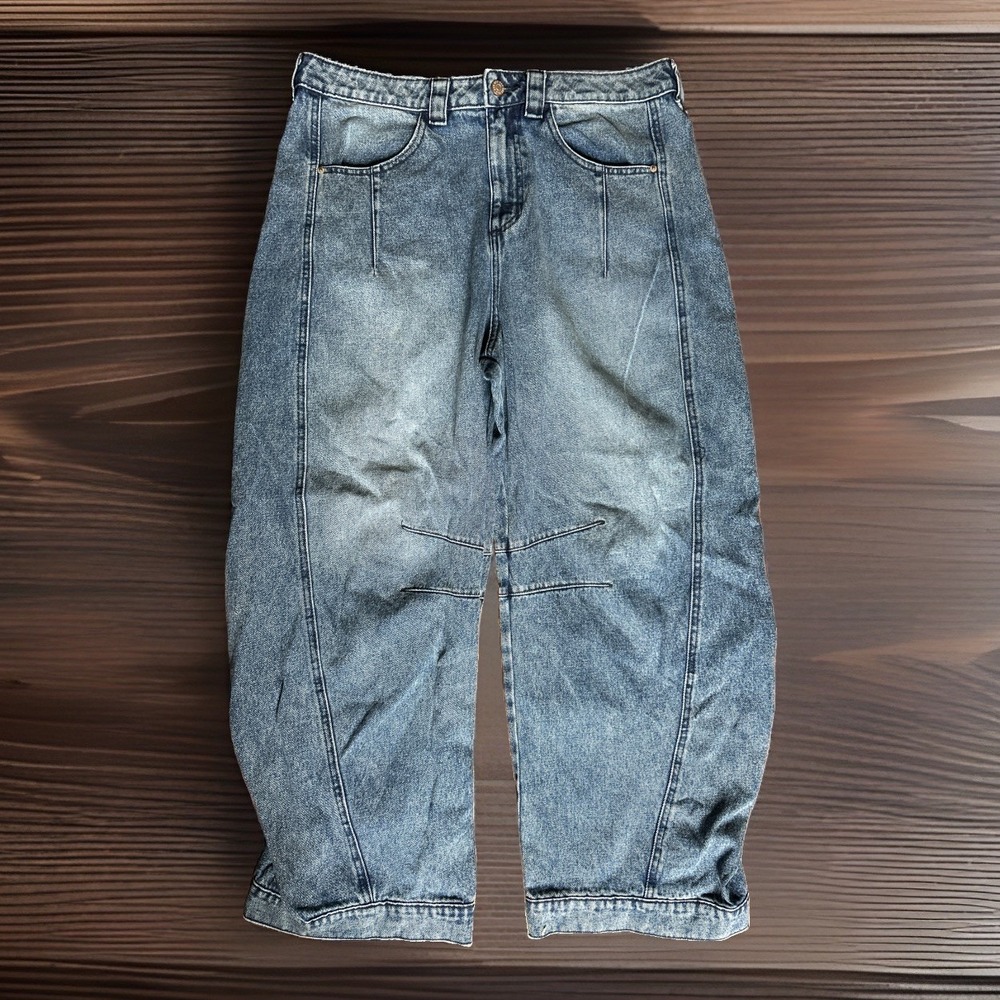 BDG Urban Outfitters Barrel Leg Jeans Sz 32 Blue Denim Snap Hem Taper Skater Y2K